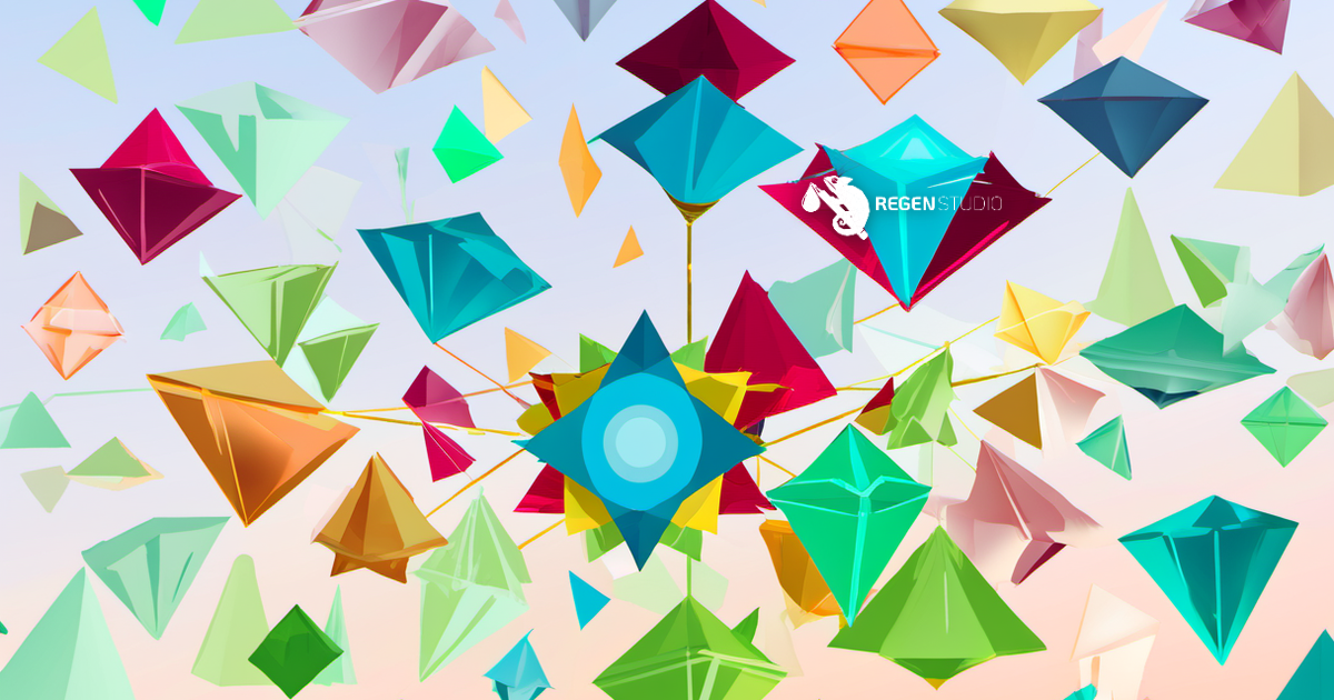 Uma ilustração colorida low-poly de vários octaedros flutuantes de tamanhos variados conectados em uma rede sobre um céu claro, no estilo de polígonos triangulares da Regen Studio — as normas de sistema do Passaporte Digital do Produto como um ecossistema compartilhado e interoperável