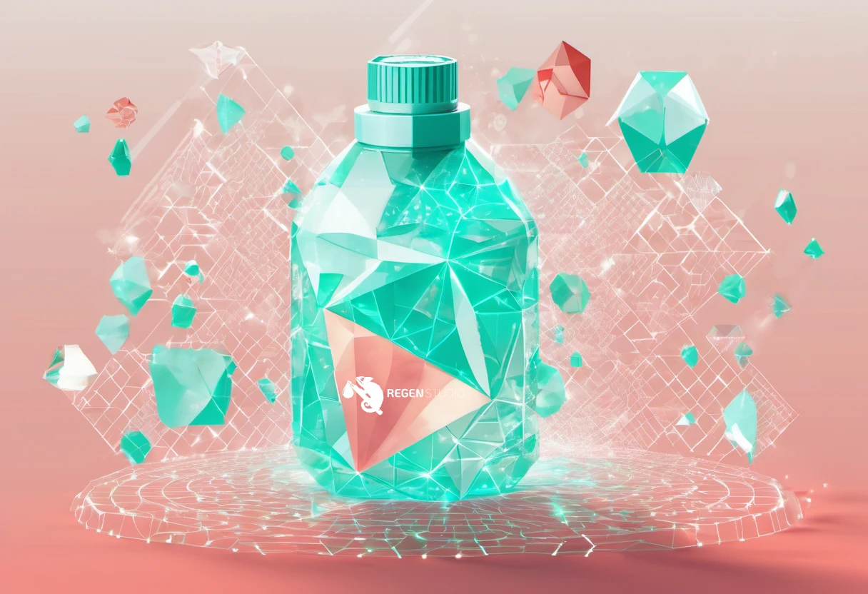 Um frasco de detergente facetado, em low-poly, dissolvendo-se em fragmentos de dados digitais — ilustrando o Passaporte Digital do Produto sob o Regulamento de Detergentes e Agentes de Superfície da UE