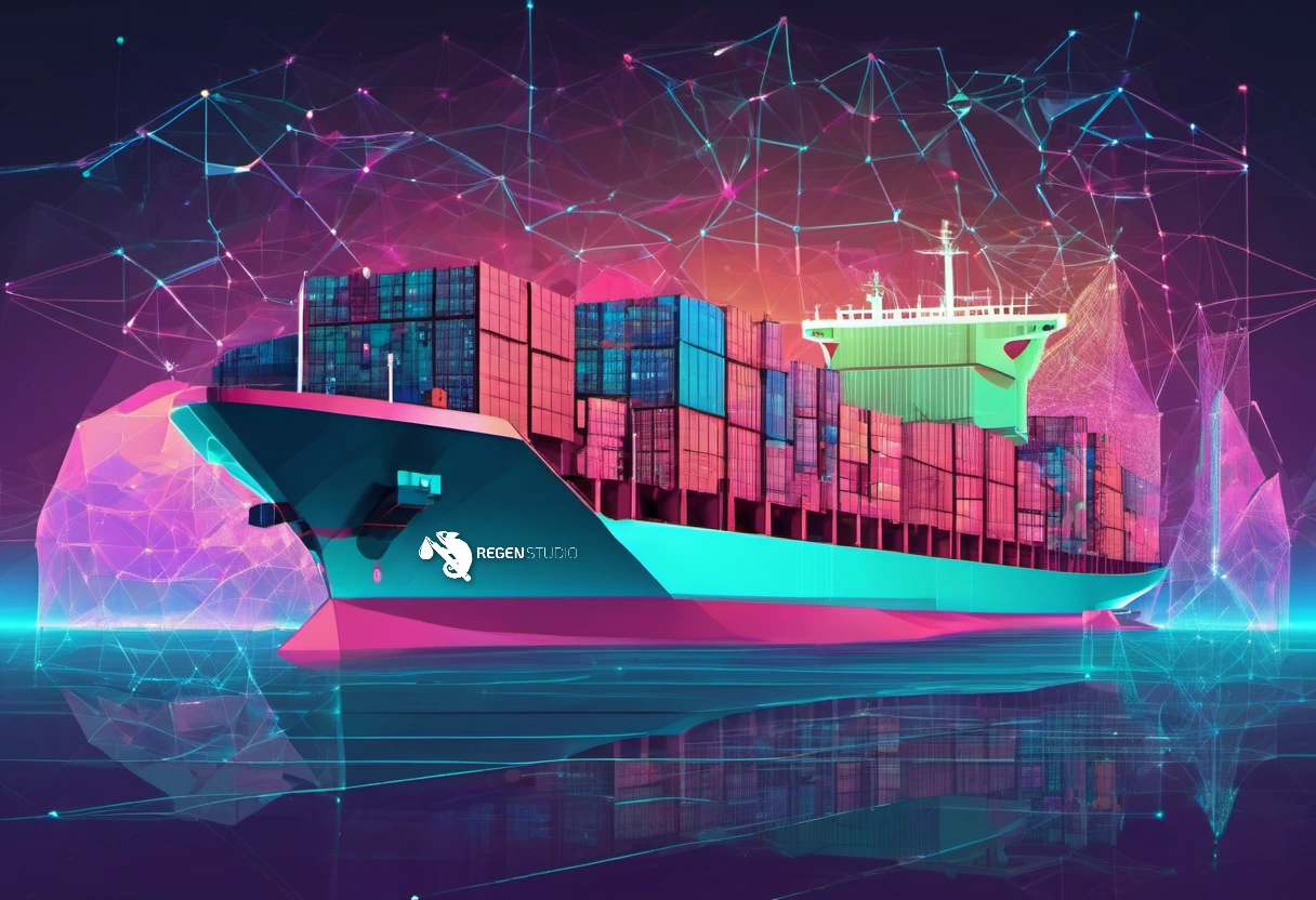 Ilustração low-poly facetada de um navio porta-contêineres no mar em tons saturados de azul-petróleo, magenta e laranja, sobreposta por uma malha de rede digital reluzente no céu, representando o conhecimento de embarque eletrônico como um gêmeo digital da carga física