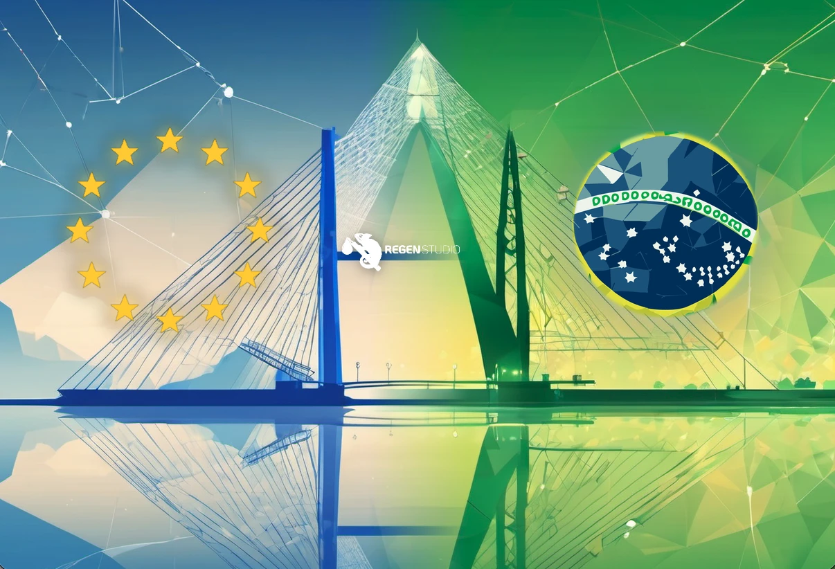 Een gefacetteerde, low-poly brug van kleurrijke driehoekige vlakken tussen de kleuren van de EU- en Braziliaanse vlag, als beeld van het Digitaal Partnerschap EU–Brazilië en de vrije stroom van data over de Atlantische Oceaan.