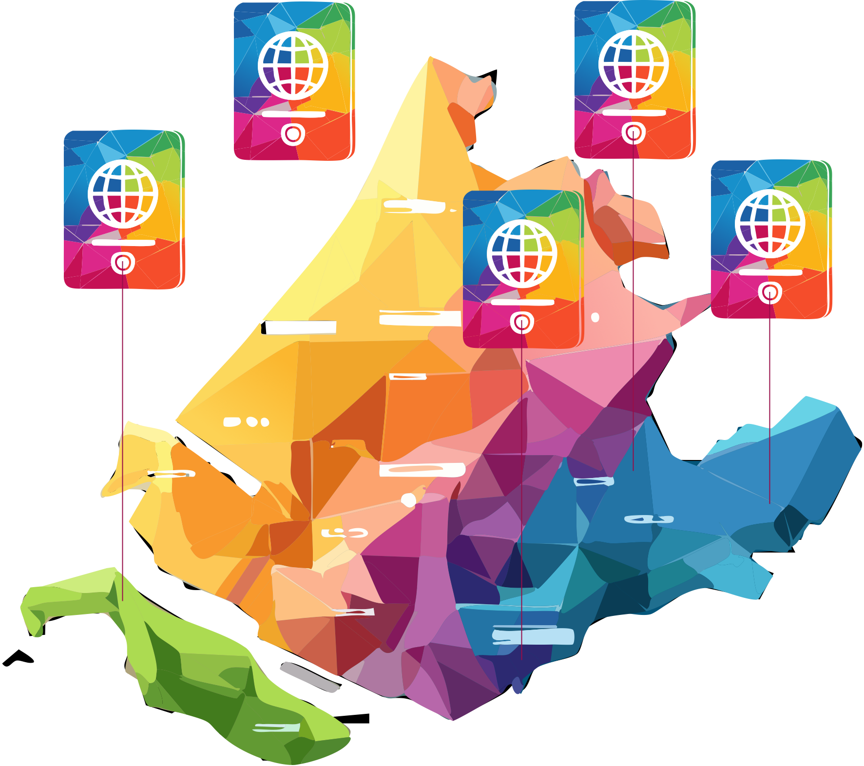 Mapa poligonal colorido de Zuid-Holland com ícones de Passaporte Digital de Produto marcando as principais regiões empresariais da província