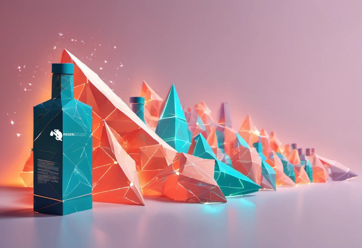 Uma garrafa facetada em baixa poligonagem, em turquesa e coral, com uma fileira de formas poligonais triangulares recuando ao fundo e fios de luz percorrendo as facetas, ilustrando a embalagem física ligada aos seus dados digitais.